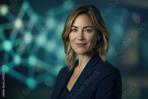 Confident businesswoman with blonde hair  smiling gently against a teal abstract background.