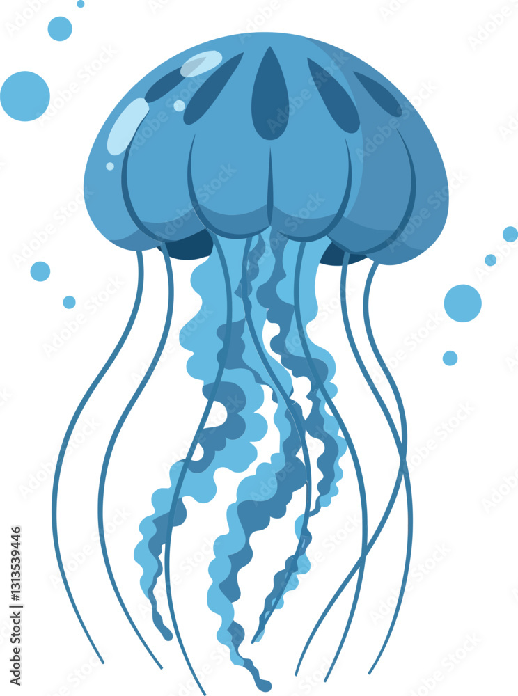 Fototapeta premium Blue jellyfish gracefully swimming in a serene ocean setting, showcasing a flat design style in vibrant colors, vector illustration