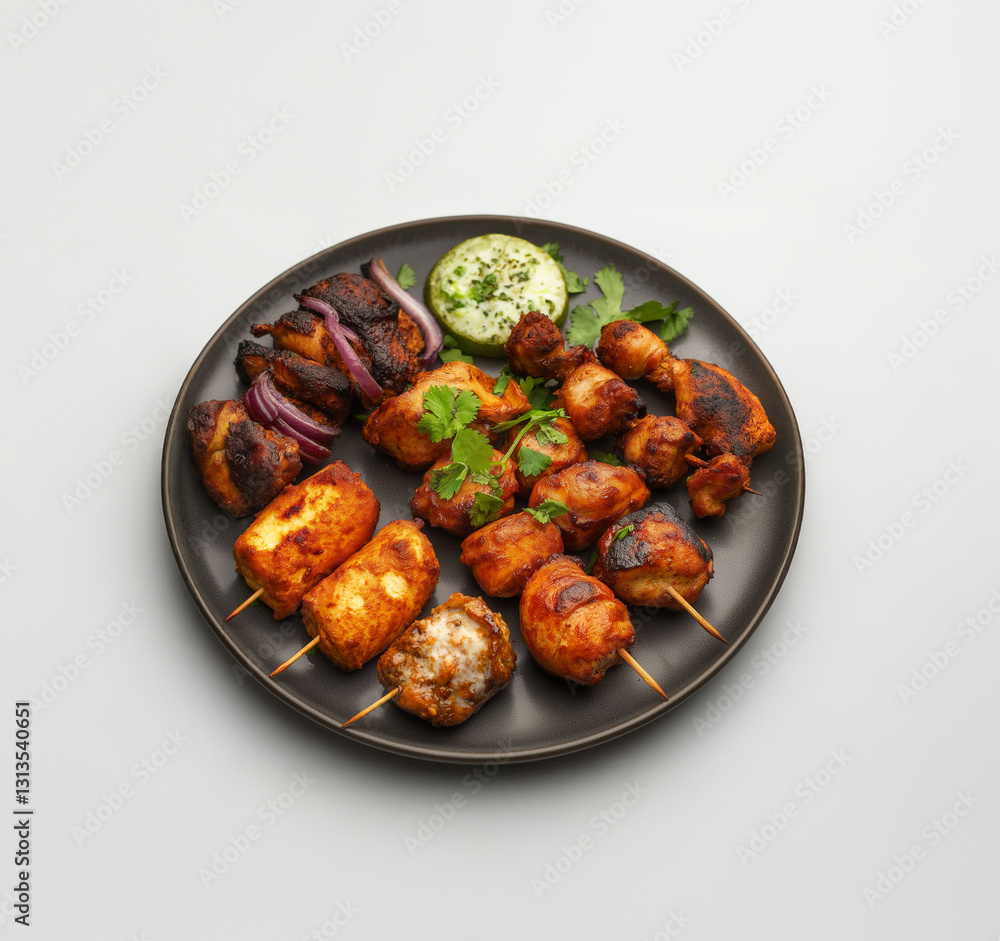 Paneer Tikka Platter on a beautiful plating setup with a white background Paneer Tikka Platter on a beautiful plating setup with a white background