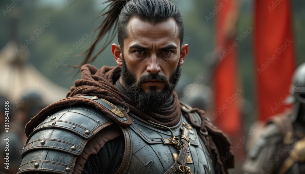 Intense Warrior with Long Hair in Historical Armor at Outdoor Event Intense Warrior with Long Hair in Historical Armor at Outdoor Event