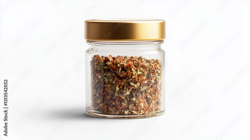 Glass jar with a gold lid filled with mixed dried spices on a white background. Organic seasoning and culinary concept. Glass jar with a gold lid filled with mixed dried spices on a white background. Organic seasoning and culinary concept.