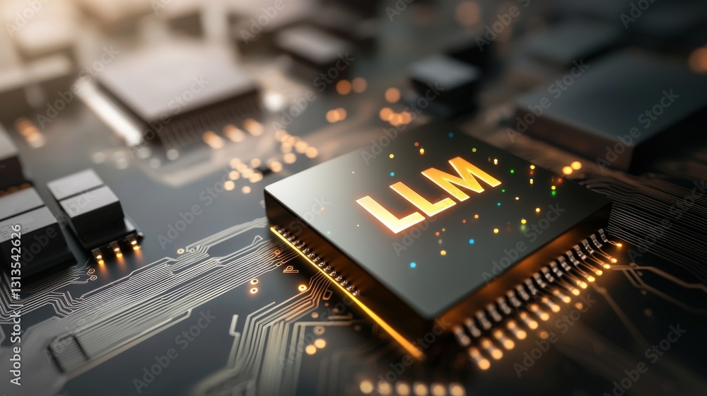 Microchip with LLM inscription on a circuit board. Microchip with LLM inscription on a circuit board.