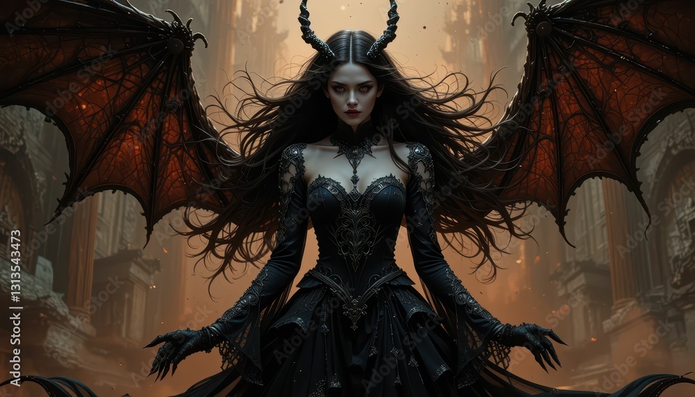 Dark Fantasy Woman with Horns and Wings in Ethereal Setting