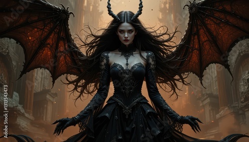 Obraz na płótnie Dark Fantasy Woman with Horns and Wings in Ethereal Setting w salonie