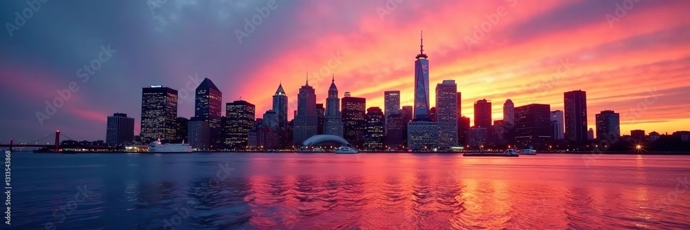Obraz premium Sunrise paints Boston's Financial District & harbor panorama , urban, dawn