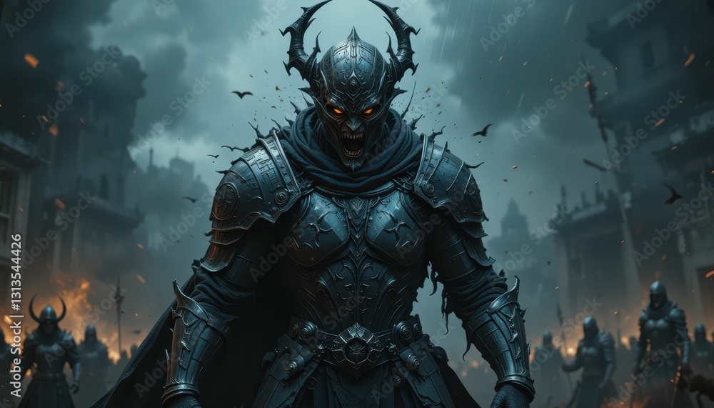 Dark Fantasy Warrior in Armor with Glowing Eyes against Fiery Background Dark Fantasy Warrior in Armor with Glowing Eyes against Fiery Background