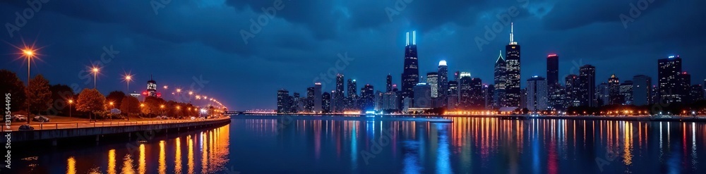 Fototapeta premium Cityscape, river, lights, Chicago skyline at night, riverside, chicago