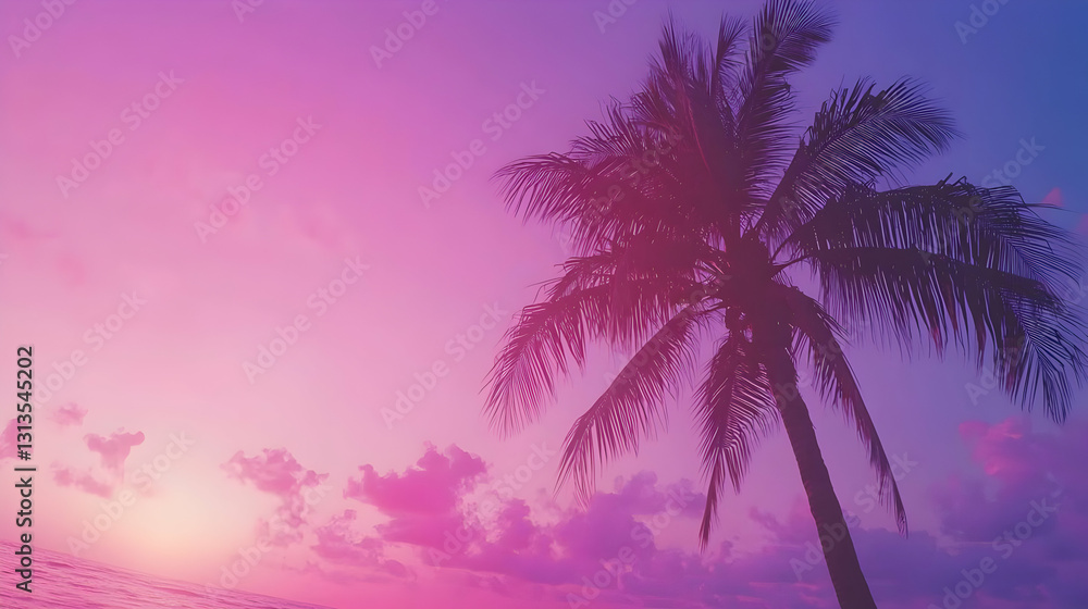 Fototapeta premium Serene Sunset Over Ocean with Silhouetted Palm Tree in Sky Hues