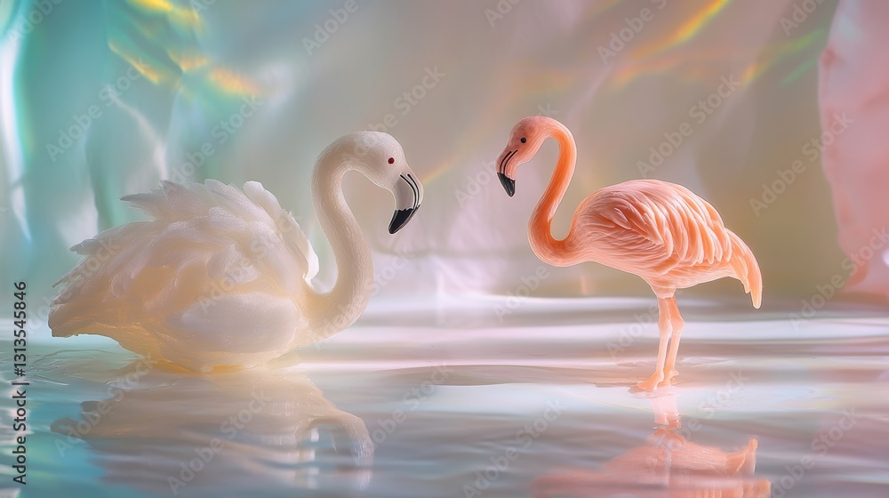 Fototapeta premium Dynamic Flamingo Toys in Sunny Shadows, Optimistic Color Palette, Simple Yet Creative Composition for Playful Imagery.
