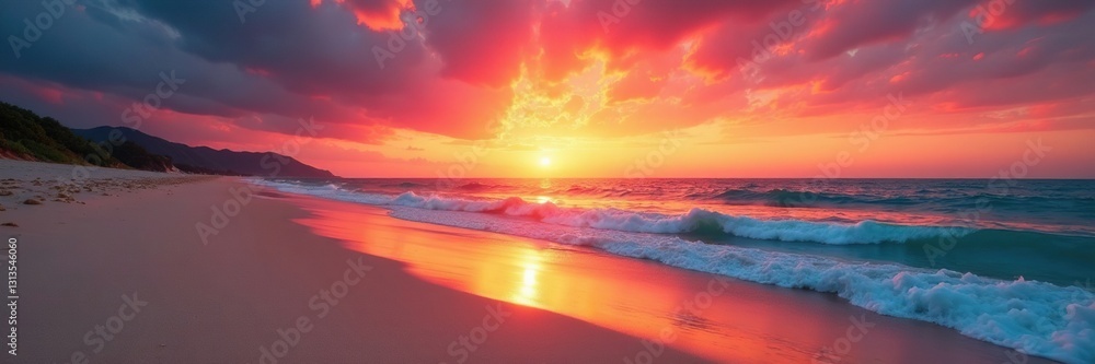 Fototapeta premium Soft sands meet tranquil ocean under a fiery sunset sky; pure serenity , serenity, clouds, beach sunset