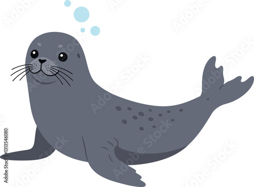 Playful grey seal swimming happily in a vibrant underwater scene featuring bubbles and a cheerful atmosphere, flat vector illustration