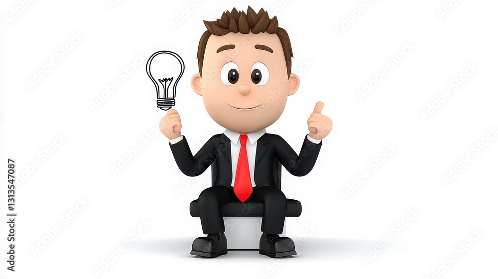 Businessman Cartoon Character Sitting with Light Bulb in Hand Businessman Cartoon Character Sitting with Light Bulb in Hand