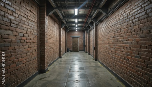 Dark Industrial Hallway with Exposed Brick and Dim Lighting