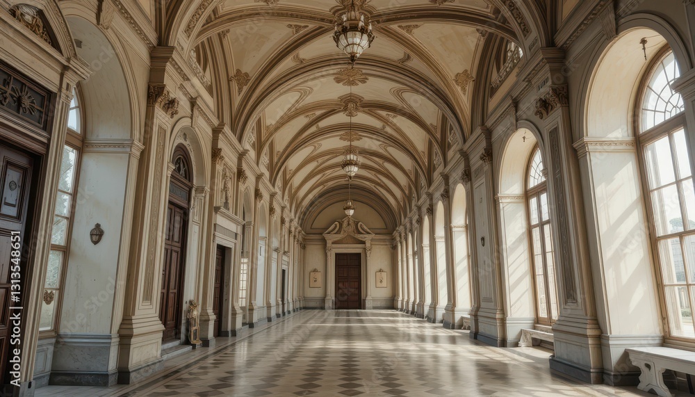 Elegant hall with arches and windows, sunlight streaming in Elegant hall with arches and windows, sunlight streaming in