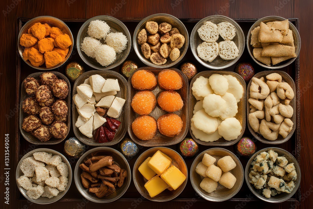 A vibrant assortment of traditional sweets displayed on a wooden tray, inviting indulgence A vibrant assortment of traditional sweets displayed on a wooden tray, inviting indulgence