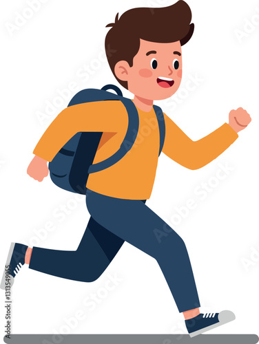 Young boy running energetically while wearing a backpack in a flat and colorful design style, cheerful vector illustration