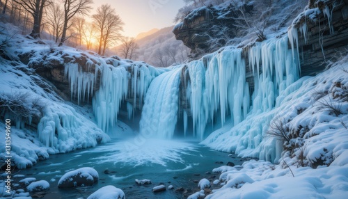 Stunning Frozen Waterfall Surrounded by Snowy Landscape at Sunrise