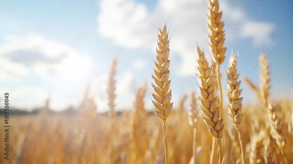 Close-up of ripe golden wheat stalks in a field under a sunny sky. Close-up of ripe golden wheat stalks in a field under a sunny sky.