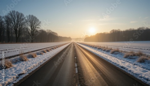 Serene Winter Road Under Morning Sunlight with Trees on Either Side