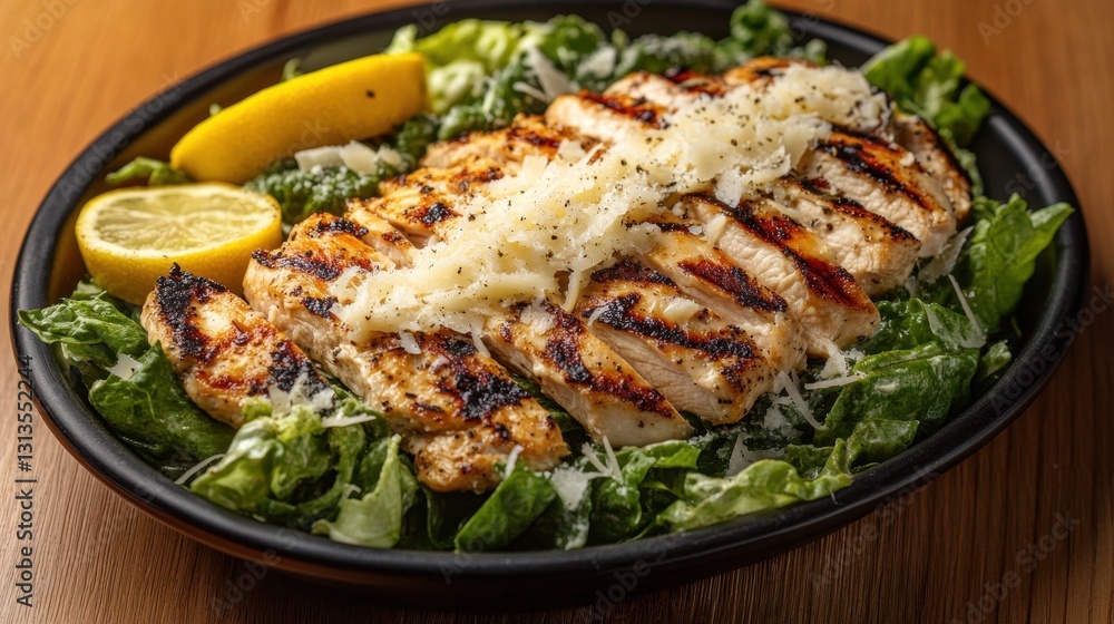 Grilled chicken Caesar salad with lemon wedges, parmesan cheese. Perfect for restaurant menus, healthy eating blogs, or food websites. Grilled chicken Caesar salad with lemon wedges, parmesan cheese. Perfect for restaurant menus, healthy eating blogs, or food websites.