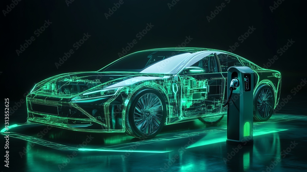 A futuristic electric car rendered in green holographic style, alongside an electric charging station, showcasing innovation in automotive technology. A futuristic electric car rendered in green holographic style, alongside an electric charging station, showcasing innovation in automotive technology.