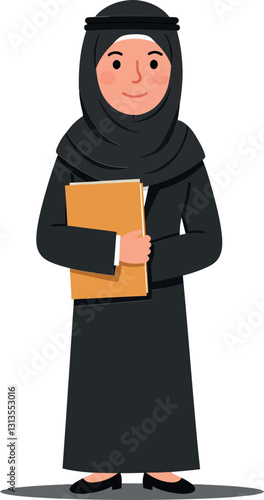 Confident woman in a black abaya holding a file folder, smiling warmly, styled in a minimal flat design vector illustration