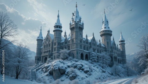 Majestic Winter Castle Surrounded by Snow-Covered Mountains