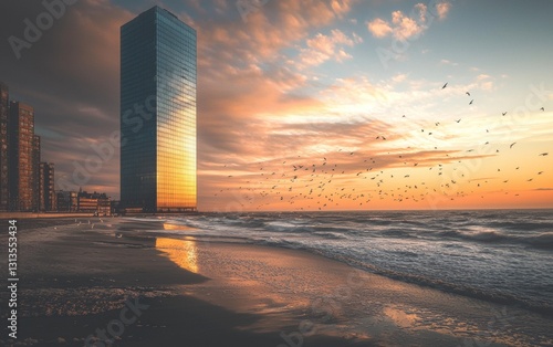 Sunset reflects off modern skyscraper overlooking tranquil waves and migrating birds on a serene beach