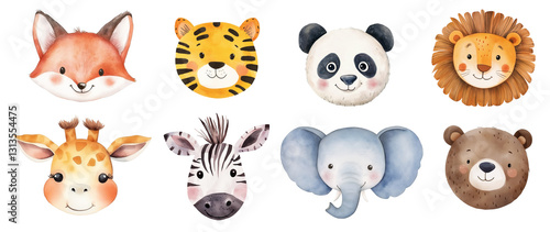 Fototapeta Naklejka Na Ścianę i Meble -  Watercolor cute animal faces isolated on white background.