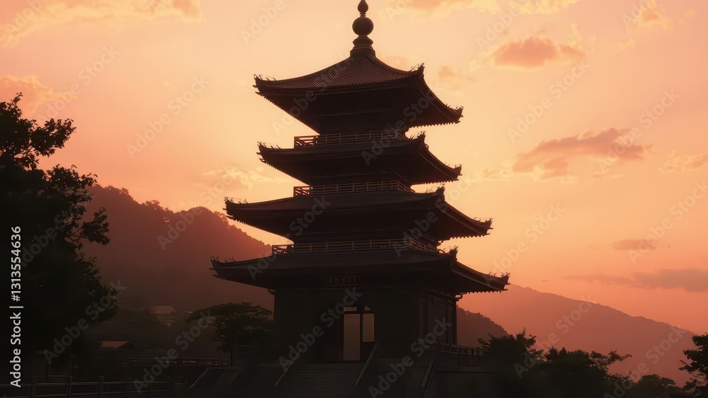Silhouetted pagoda at sunset, fiery sky backdrop, vibrant,landscape Silhouetted pagoda at sunset, fiery sky backdrop, vibrant,landscape