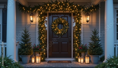 Wallpaper Mural Elegant Christmas Decorated Front Porch with Lights and Wreath Torontodigital.ca