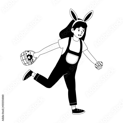 Child in bunny ears joyfully running with a basket and a cupcake during an Easter celebration