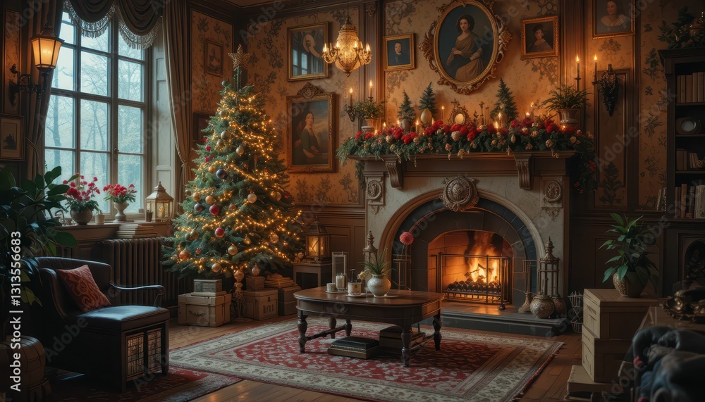 Obraz premium Cozy and Elegant Living Room Decorated for Christmas Celebration