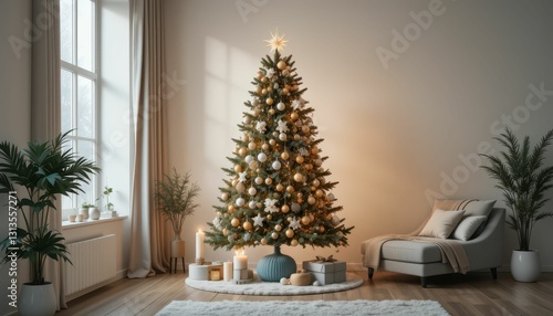 Cozy Living Room Decorated for Christmas with a Beautiful Tree
