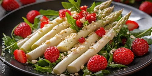 A plate of asparagus and strawberries with a garnish of cheese. The plate is black and the food is colorful