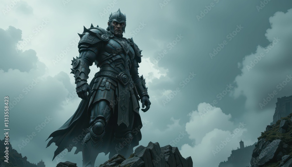 Mighty Warrior in Dark Armor Towering Over Dramatic Landscape Mighty Warrior in Dark Armor Towering Over Dramatic Landscape