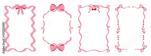 Pink bow ribbon frame set. Hand drawn trendy ribbons borders. Modern coquette style.