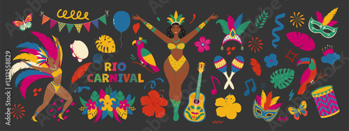 Traditional Brazil symbols set. Masks, exotic bird, dancing people, guitar, flowers. Modern vector illustration