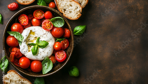 Delicious burrata cheese, tomatoes, basil and bread in bowl on brown table, flat lay. Space for text