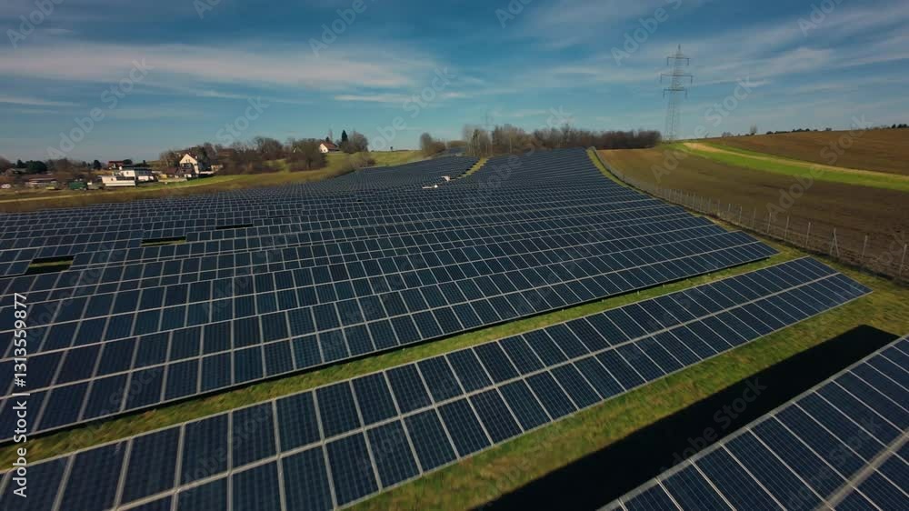 Aerial establishing large solar farm with rows of photovoltaic panels, FPV drone approach flyover Aerial establishing large solar farm with rows of photovoltaic panels, FPV drone approach flyover