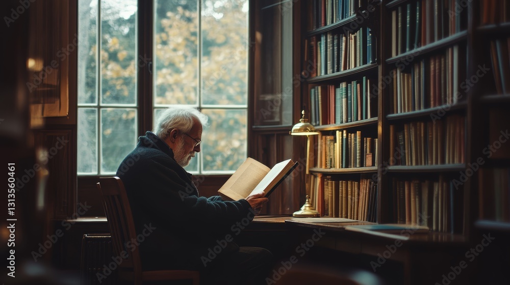 Senior Man Reading Book in Library, Peaceful Study, Wisdom and Knowledge Senior Man Reading Book in Library, Peaceful Study, Wisdom and Knowledge