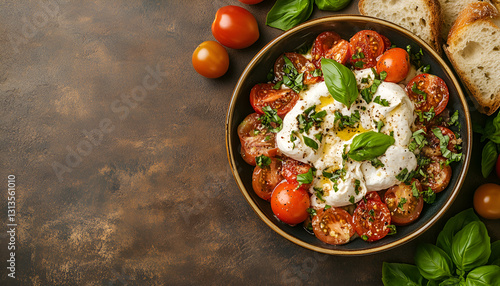 Delicious burrata cheese, tomatoes, basil and bread in bowl on brown table, flat lay. Space for text