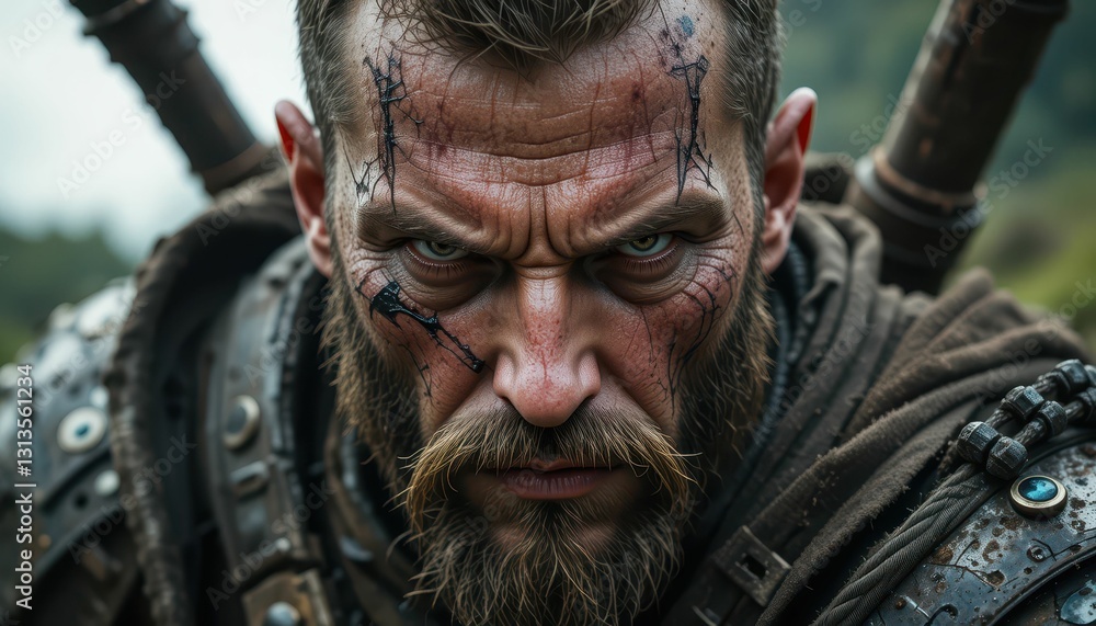 Intense warrior with intricate facial markings in dramatic setting Intense warrior with intricate facial markings in dramatic setting