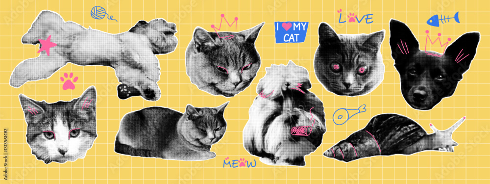 Φωτογραφία Set of retro halftone cats and dogs with doodle elements