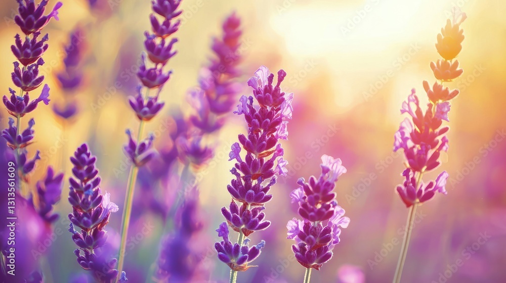 Fototapeta premium Lavender field at sunset, vibrant purple flowers, golden light