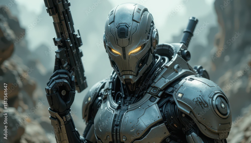 Naklejka premium Futuristic Robot Warrior with Weapon Posing in Sci-Fi Landscape