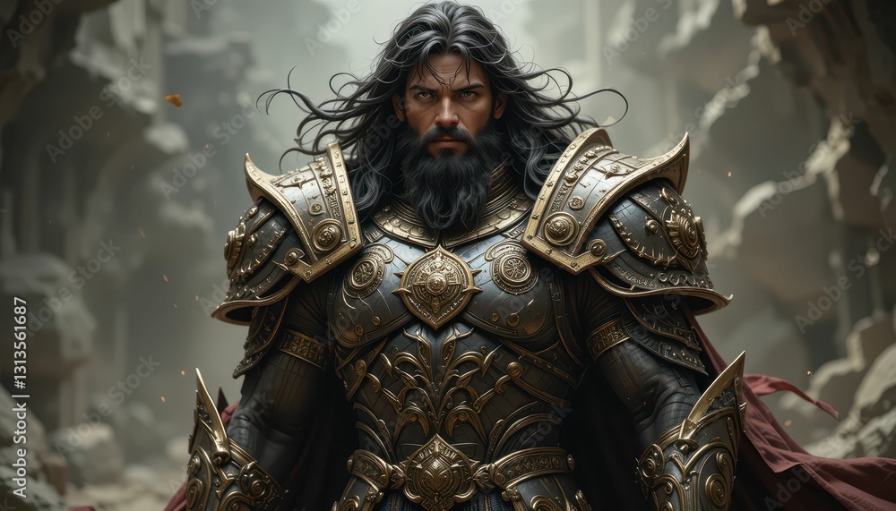 Fototapeta premium Majestic Warrior in Ornate Armor Standing Amidst Ancient Ruins
