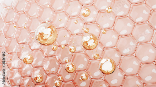 3D illustration of collagen and oil molecules interacting with a hexagonal skin structure, symbolizing hydration, nourishment, and deep skincare absorption for beauty and wellness.

