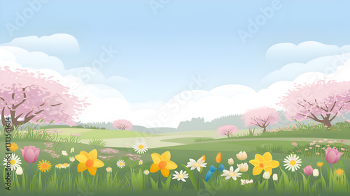 A peaceful spring landscape with rolling hills and a blue sky with white clouds. A picture of colorful wildflowers such as tulips, daisies, and daffodils in the meadow.