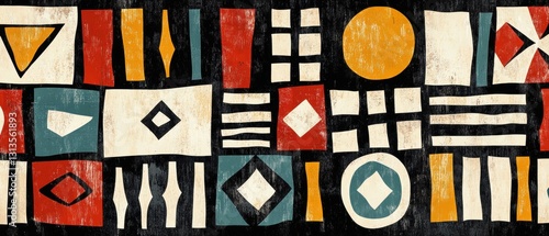 Abstract geometric shapes with vibrant colors create a dynamic pattern for modern design and artistic projects featuring red, yellow, teal, and black tones